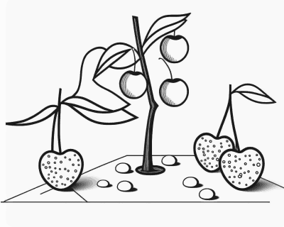Omaľovánka tenkého čerešňového stromčeka a bodkovaných plodov v tvare srdiečok na stopkách